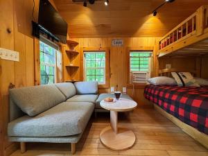 a living room with a couch and a bed at Three Cabins - Pet Friendly & Hot Tub in Warren