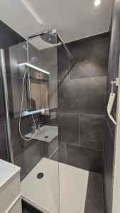 a shower with a glass door in a bathroom at Apartment Local Uetendorf in Uetendorf +15 photos