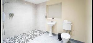a white bathroom with a toilet and a sink at Copperbeech Farm Cottages in Maze +9 photos