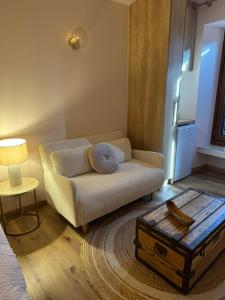 a living room with a couch and a coffee table at le moulin de l oliveraie in Blausasc +3 photos