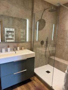 a bathroom with a sink and a shower at le moulin de l oliveraie in Blausasc