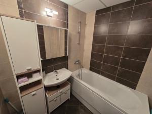 a bathroom with a sink and a tub and a mirror at AspenValley Aprtment in Razlog