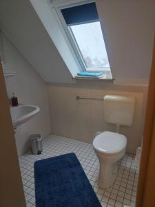 a bathroom with a toilet and a sink and a window at Apartment 10 in Surwold