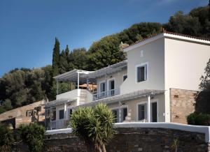 a white house on a hill with trees at Villa Alisachni Andros in Agia Eleousa