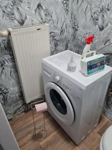 a washing machine with a toy chicken on top of it at Le studio à la campagne in Saint-Gobert