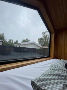 a bed in a room with a large window at Seebrise Adria in Altrip