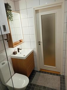 a bathroom with a toilet and a sink and a shower at Relax Inn Otepää Apartment in Otepää