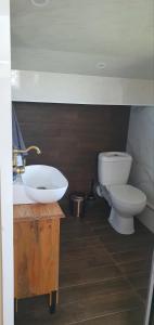 a bathroom with a sink and a toilet at Къща за гости ОЗИ 3 in Ovchartsi