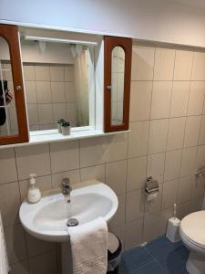 a bathroom with a sink and a toilet at Lithos Home in Panagia +26 photos