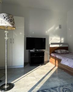 a living room with a flat screen tv and a bed at Rix Hostel Oda Kiralama, Ortak Banyo Mutfak in Kyrenia +75 photos