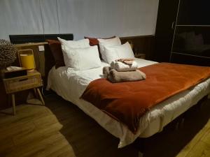 a bedroom with a bed with a brown blanket at L'échappée Der in Braucourt