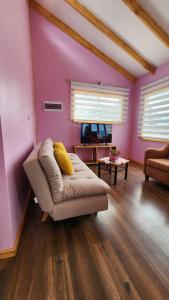 a living room with a couch and a pink wall at Canto del Bosque in Castro