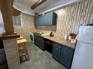 a kitchen with blue cabinets and a white refrigerator at Vikendica Anja in Vlasic