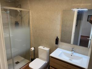 a bathroom with a toilet and a sink and a shower at Parque Vera 5 in Vera +11 photos