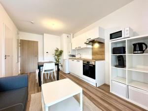 a kitchen and living room with a couch and a table at L'Émeraude - Proche Hôpital - Parking - Clim - Fibre - Terrasse in Mont-de-Marsan