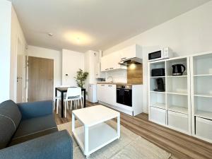 a living room with a couch and a table at L'Émeraude - Proche Hôpital - Parking - Clim - Fibre - Terrasse in Mont-de-Marsan