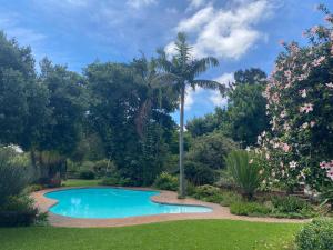 a swimming pool in a garden with a palm tree at The Swiss Garden in Midrand