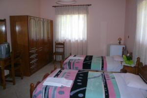a bedroom with two beds and a tv in it at Γαλήνη in Konitsa +4 photos