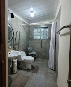 a bathroom with a white toilet and a sink at Nature Lovers Quepos in Quepos