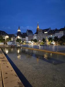 a city at night with a river and buildings at Appartement rez de chaussée - 2 chambres in Bischheim