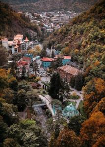 a small town in the mountains with trees and buildings at Autøgráph Boutique Høme 9 in Borjomi