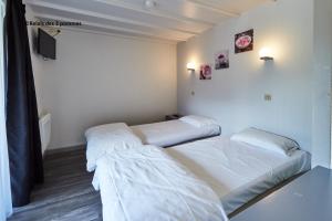 バイユーにあるルレ デ 3 ポムのベッド2台、壁掛けテレビが備わる客室です。