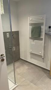 a bathroom with a shower and a towel rack at Zum Talblick in Limbach