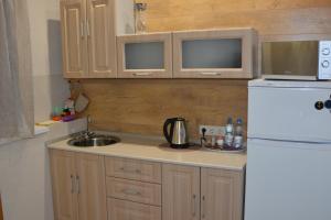 a kitchen with a white refrigerator and a sink at Severniy Hotel in Ukhta