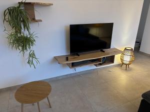 a living room with a flat screen tv on a wall at Kiefer in Nortrup