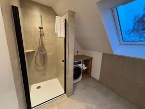 a bathroom with a shower and a toilet at Kiefer in Nortrup +8 photos