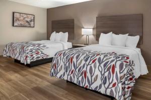 a hotel room with two beds and a lamp at Red Roof Inn Queensbury in Queensbury