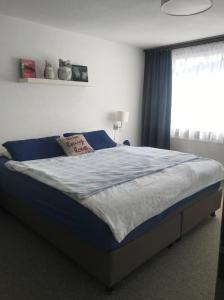 a bedroom with a bed with a blue blanket and a window at Hotel Europe App 303 in Davos +9 photos