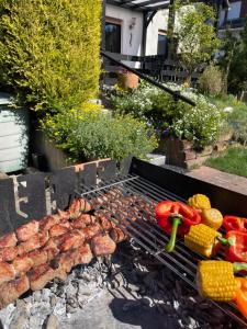 a barbecue grill with meat and vegetables on it at YOLKI HAUS moderne Apartments, nahe Wölfersheimer See in Wölfersheim