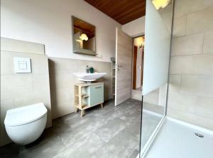 a bathroom with a white toilet and a sink at YOLKI HAUS moderne Apartments, nahe Wölfersheimer See in Wölfersheim +29 photos