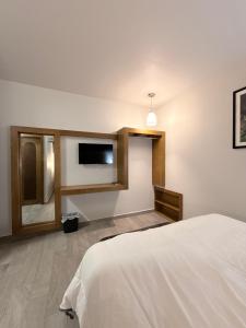 a bedroom with a bed and a flat screen tv at Hotel Los Diamantes in Rancho Los Limones