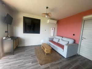 a living room with a couch and a flat screen tv at Estrella, véritable havre de paix climatisé avec spa in Sainte-Marie