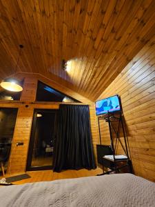 a bedroom with a bed and a tv in a room at Mtskheta Chalet in Mtskheta