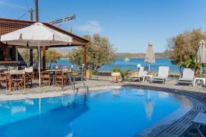 a swimming pool with chairs and a table and an umbrella at Lena Apartments in Elounda