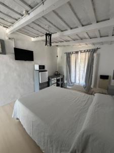 a bedroom with a large white bed and a television at Hospedaje Sarmiento in Carlos Casares