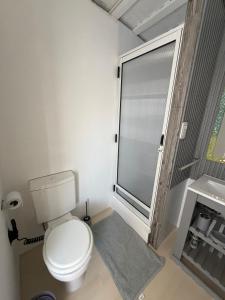 a bathroom with a toilet and a sink and a window at Hospedaje Sarmiento in Carlos Casares