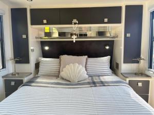 a bedroom with a large bed with two pillows at Modern 4 Berth Van close to CBD in Newstead