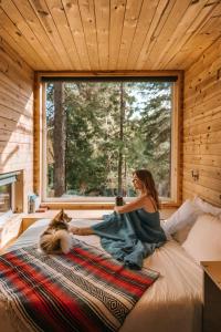 a woman sitting on a bed in a room with a cat at Postcard Cabins Western Catskills, Outdoor Collection by Marriott Bonvoy in Roscoe