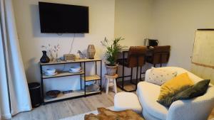 a living room with a couch and a television at Studio Zebra in Heikant