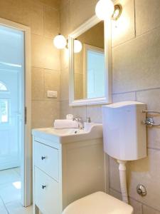 a bathroom with a sink and a mirror and a toilet at House Sea la vie in Murter +23 photos