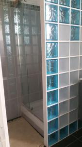 a shower with clear glass shelves in a bathroom at Charmant logement in Lamentin +5 photos