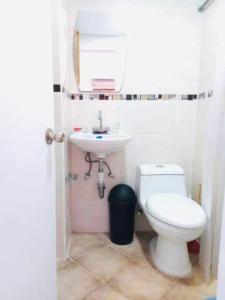 a bathroom with a white toilet and a sink at Villa Lourdes in Rousseau +1 photo