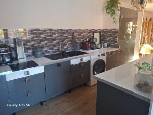 a kitchen with a sink and a washing machine at Villa MOUREZEVA in Mourèze