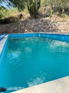 a swimming pool with blue water in a yard at Cabaña in La Rioja +7 photos