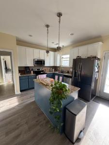 a kitchen with blue cabinets and a kitchen island with a plant at The Bee & Bramble in Raeford