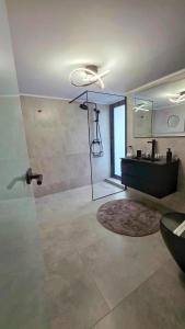 a bathroom with a shower and a sink and a mirror at Casuta de la munte in Sărişor